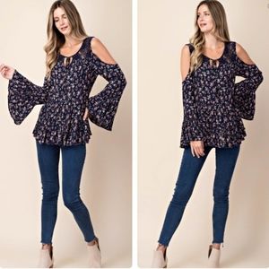 Floral top cold shoulder flared sleeve